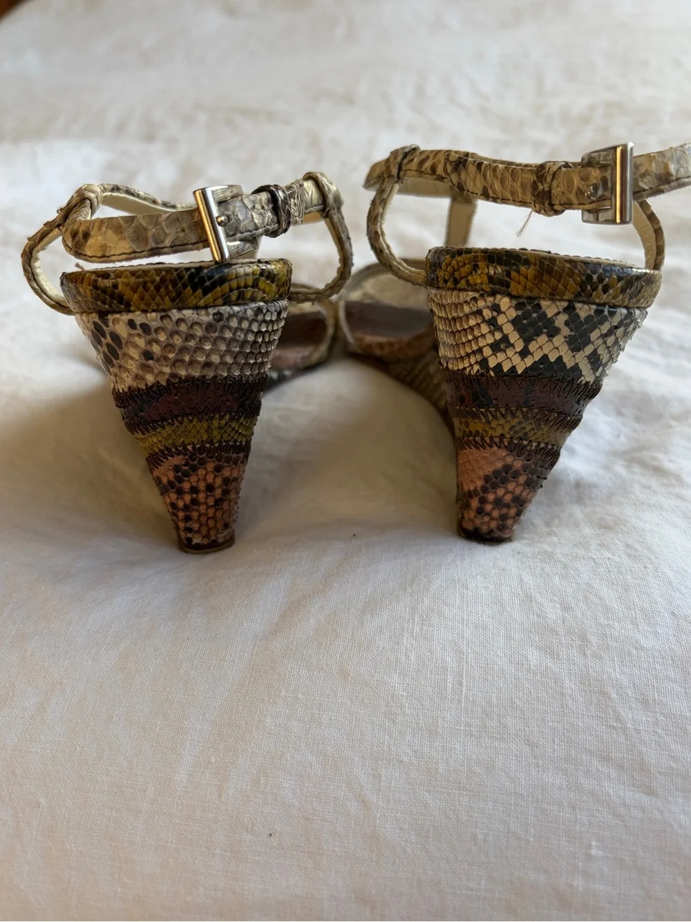 Vintage Prada Snake Python Animal Leather T Strap Wedges Heels Brown Tan Green